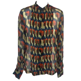 Dries Van Noten Navy & Orange Geometric Print Silk Chiffon Blouse M