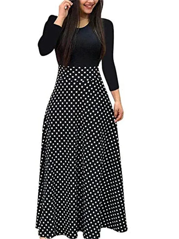 Elegant Black and White Floral Print Maxi Dress with Long Sleeves and Pockets