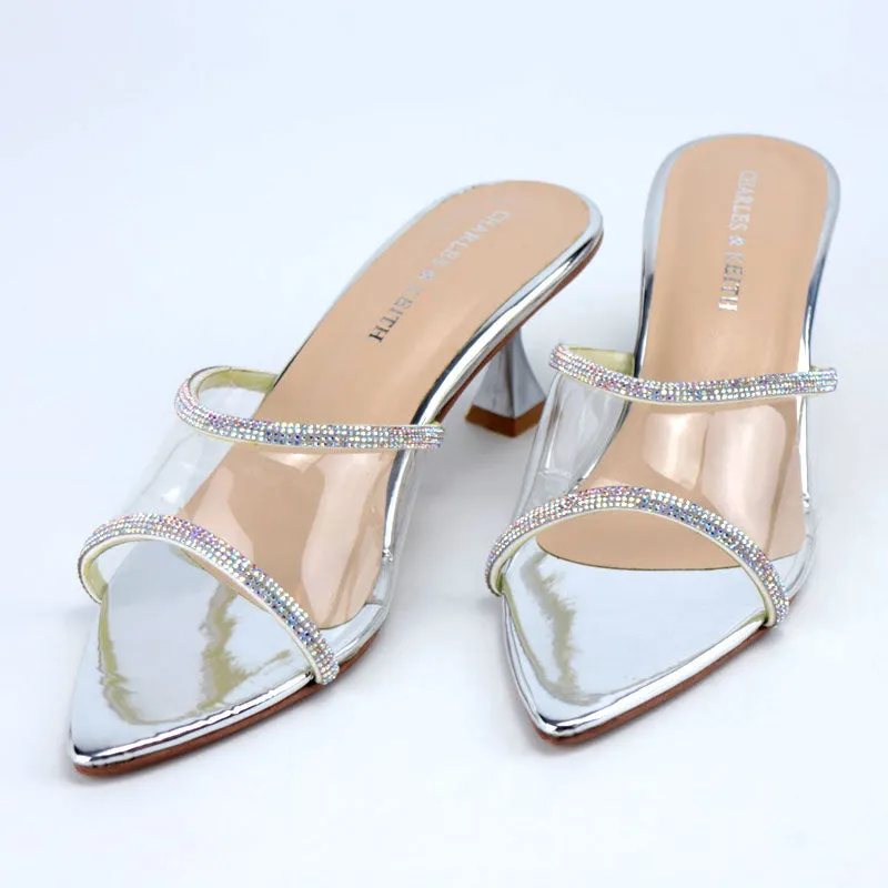 Elegant Clear Rhinestone Pointed Toe Kitten Heels