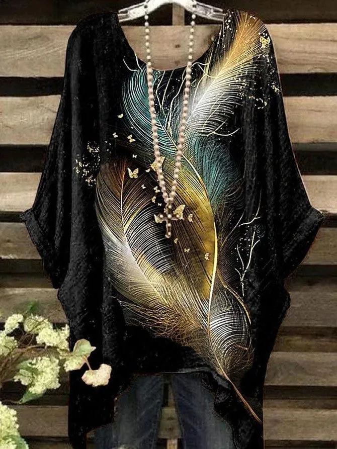 Elegant Feather Print Plus Size Dolman Sleeve Blouse