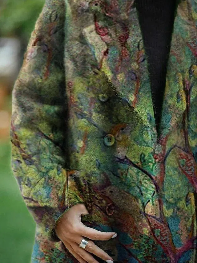 Elegant Floral Print Heated Winter Coat with Lapel