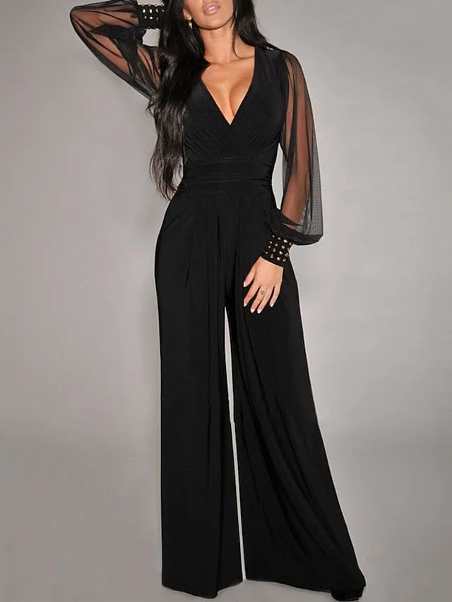 Elegant High Waist Mesh Jumpsuit with V Neck and Wide Leg