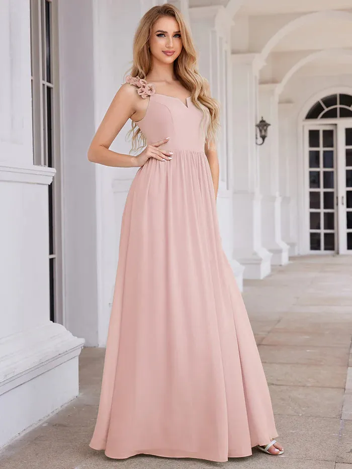 Elegant V-Neck Floral Strap Bodycon Chiffon Bridesmaid Dress