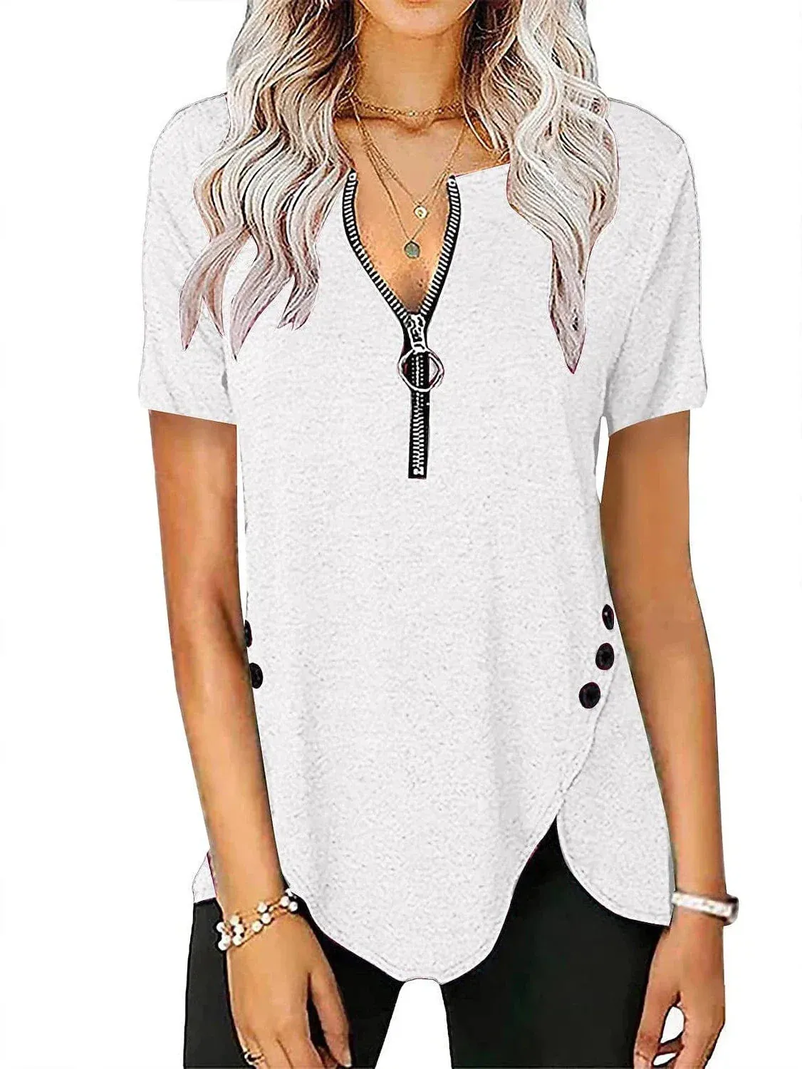 Elegant V-Neck Zippered Short-Sleeve Tunic Blouse