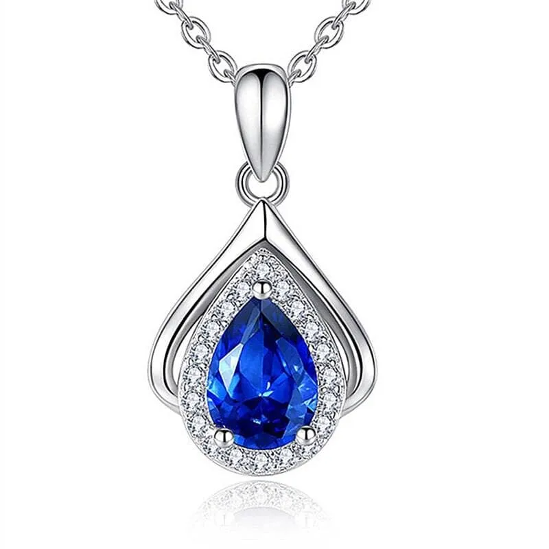 Elegant Water Drop Shaped Sapphire Necklace - 925 Sterling Silver