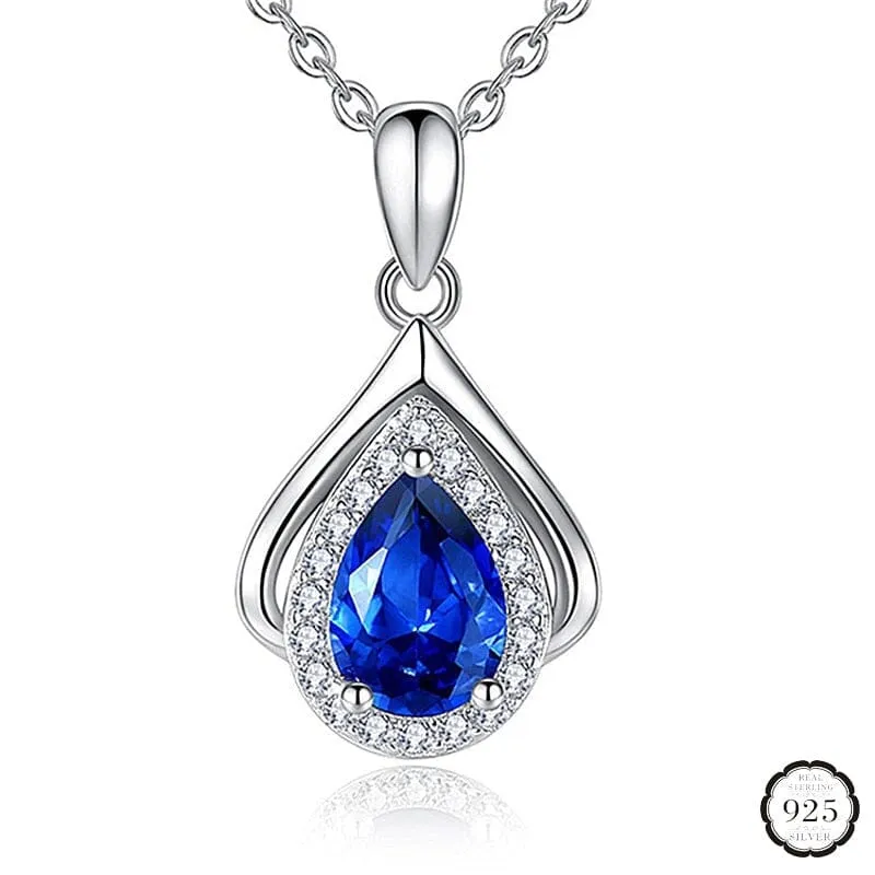 Elegant Water Drop Shaped Sapphire Necklace - 925 Sterling Silver