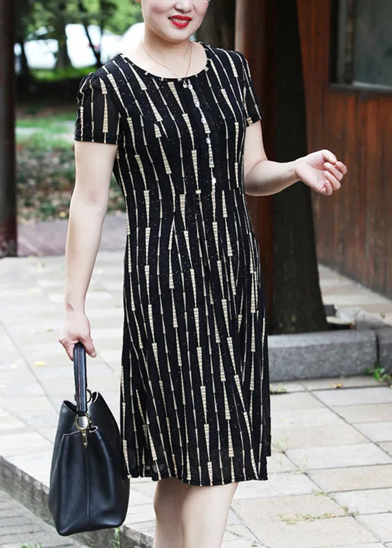 Elegant Yellow O-Neck Striped Long Dress Short Sleeve VB1001