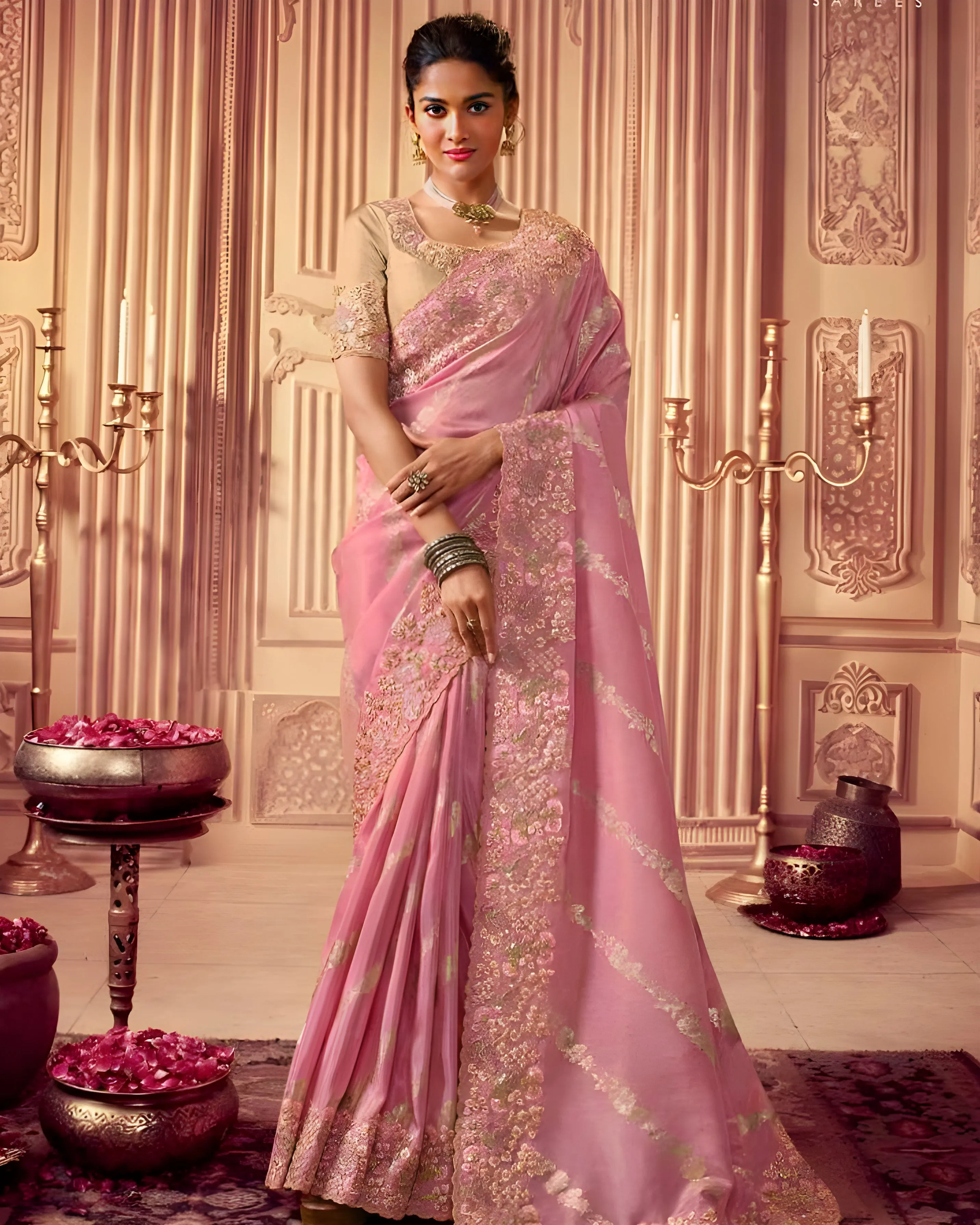 Embroidered Chinon Silk Wedding Saree Pink