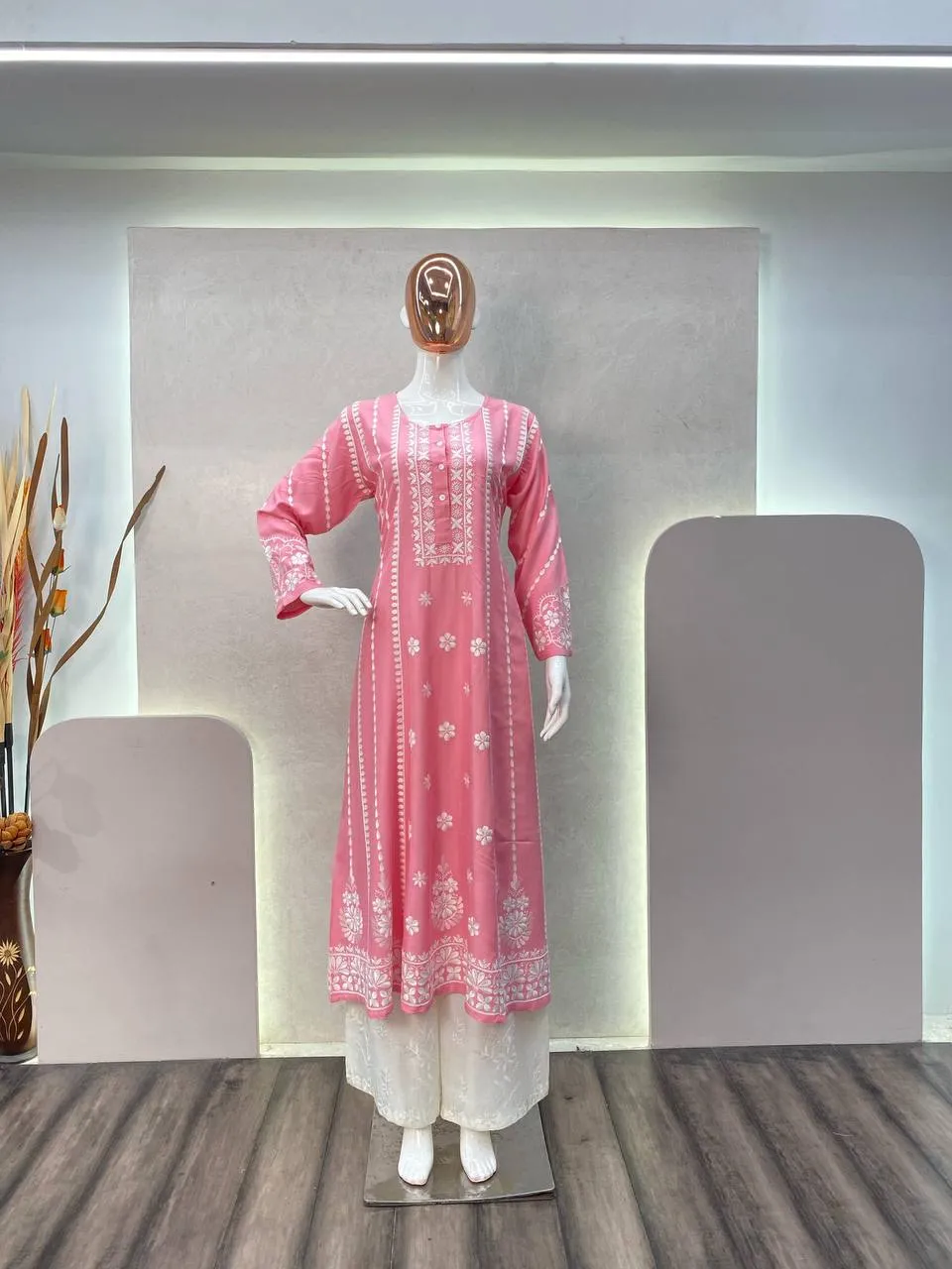 Embroidery Party wear Women Kurta Plazo Suit Pink