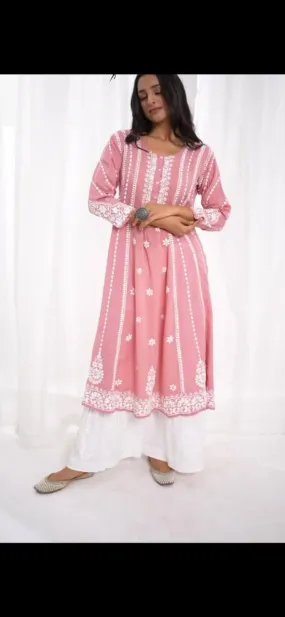 Embroidery Party wear Women Kurta Plazo Suit Pink