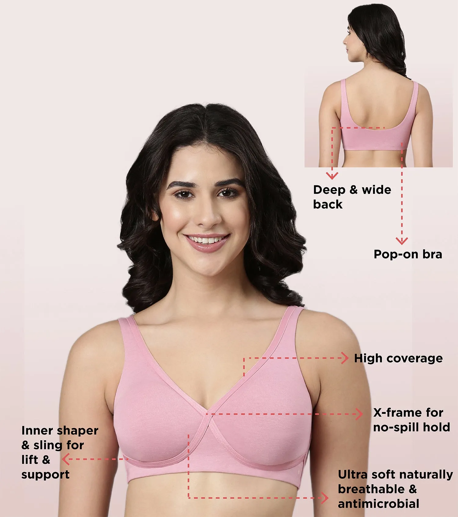 Enamor BambooBliss A076 Ultimate Softness Innovation Bamboo Cotton Lounge Slip-on T-shirt Bra for Women with Removable Pads- High Coverage, Padded and Wirefree