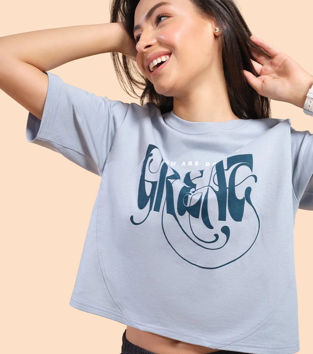 Enamor Cotton Terry Graphic T-Shirt For Women | Cropped Length Oversized Fit Tee | E3G4