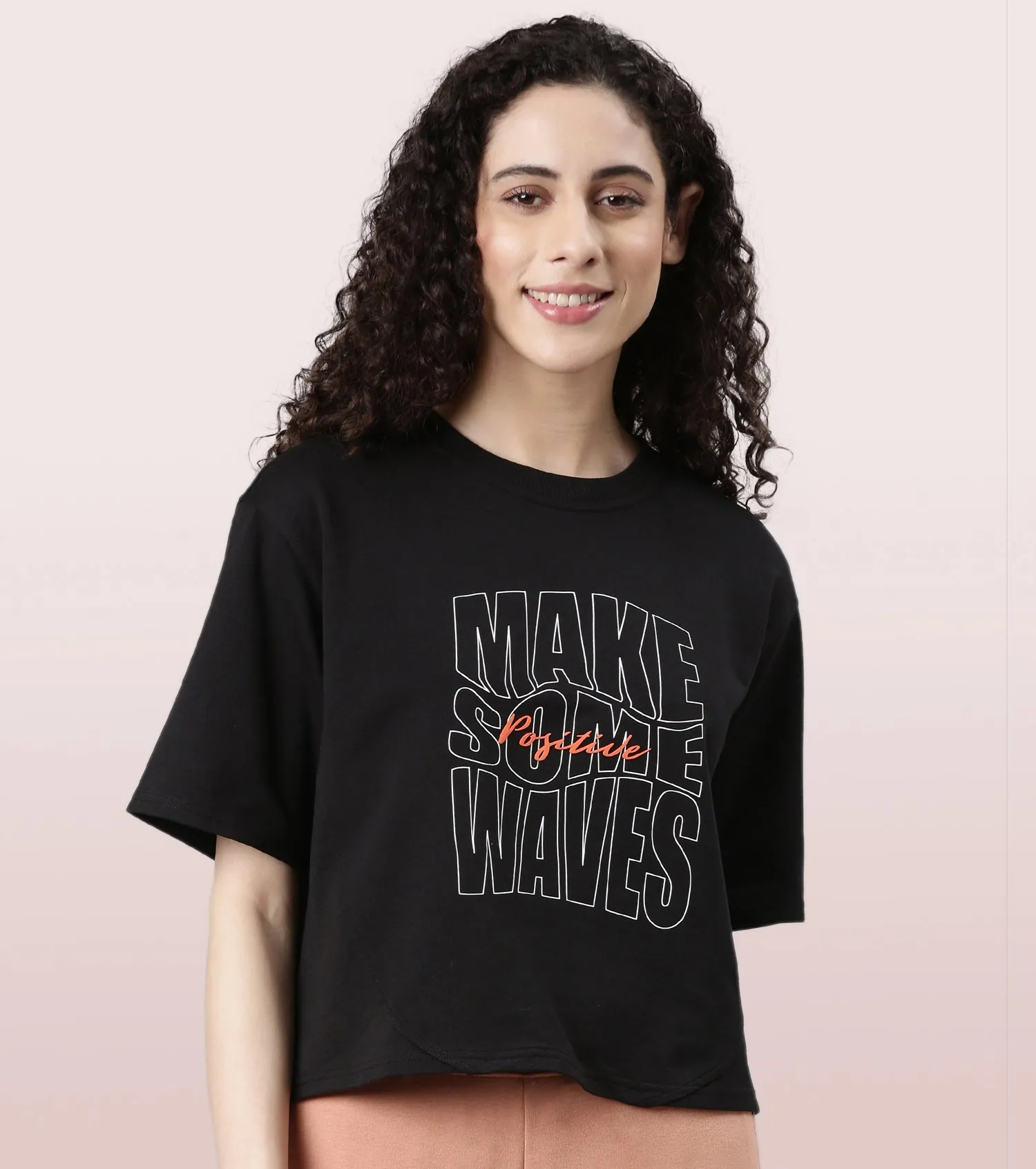 Enamor Cotton Terry Graphic T-Shirt For Women | Cropped Length Oversized Fit Tee | E3G4