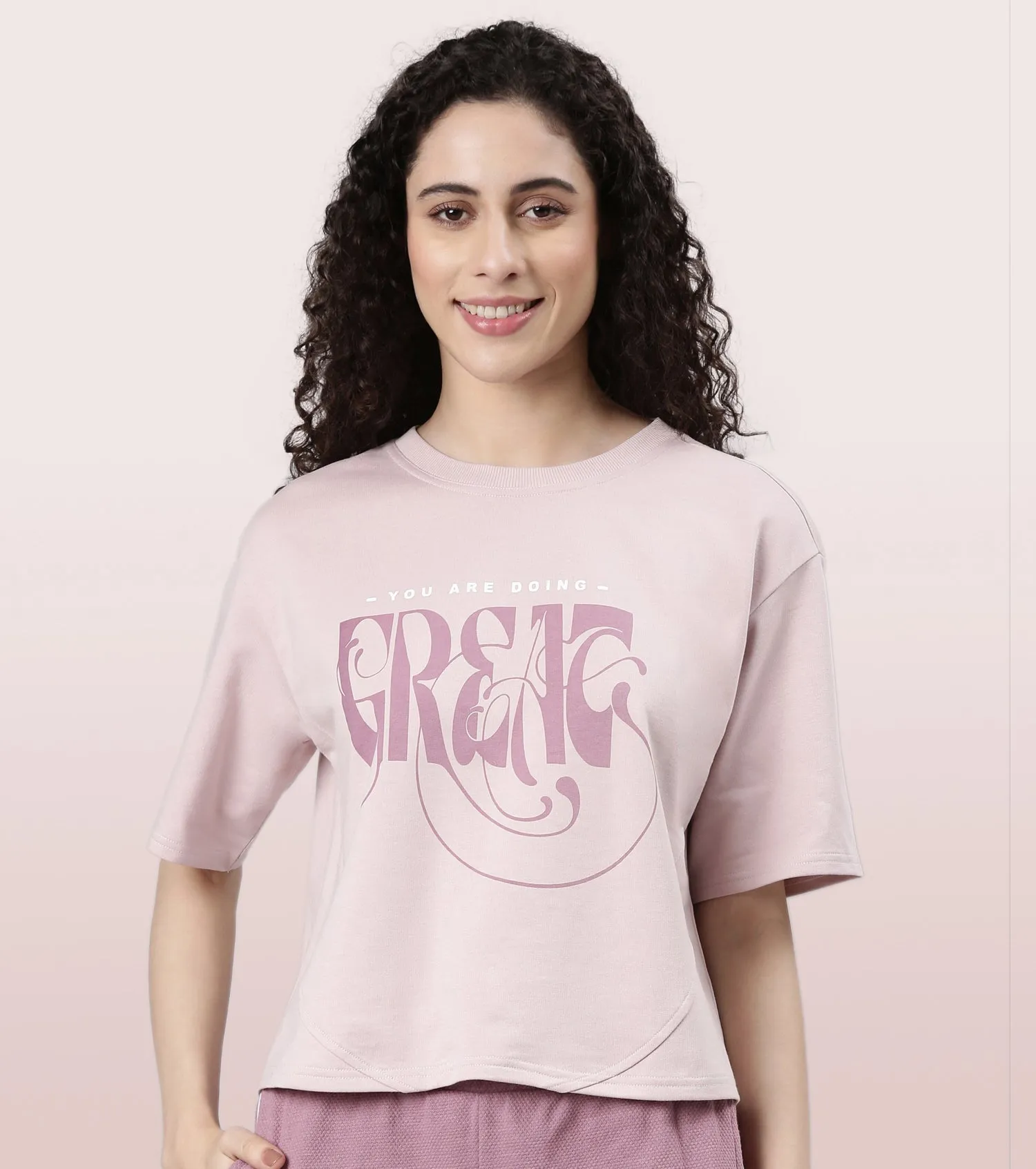 Enamor Cotton Terry Graphic T-Shirt For Women | Cropped Length Oversized Fit Tee | E3G4