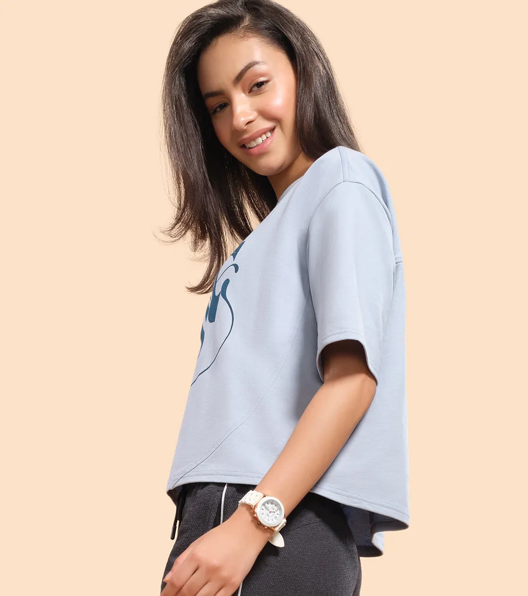 Enamor Cotton Terry Graphic T-Shirt For Women | Cropped Length Oversized Fit Tee | E3G4