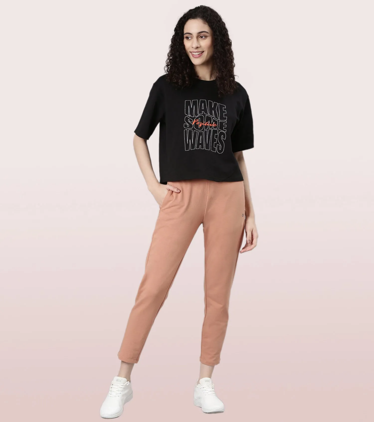 Enamor Cotton Terry Graphic T-Shirt For Women | Cropped Length Oversized Fit Tee | E3G4