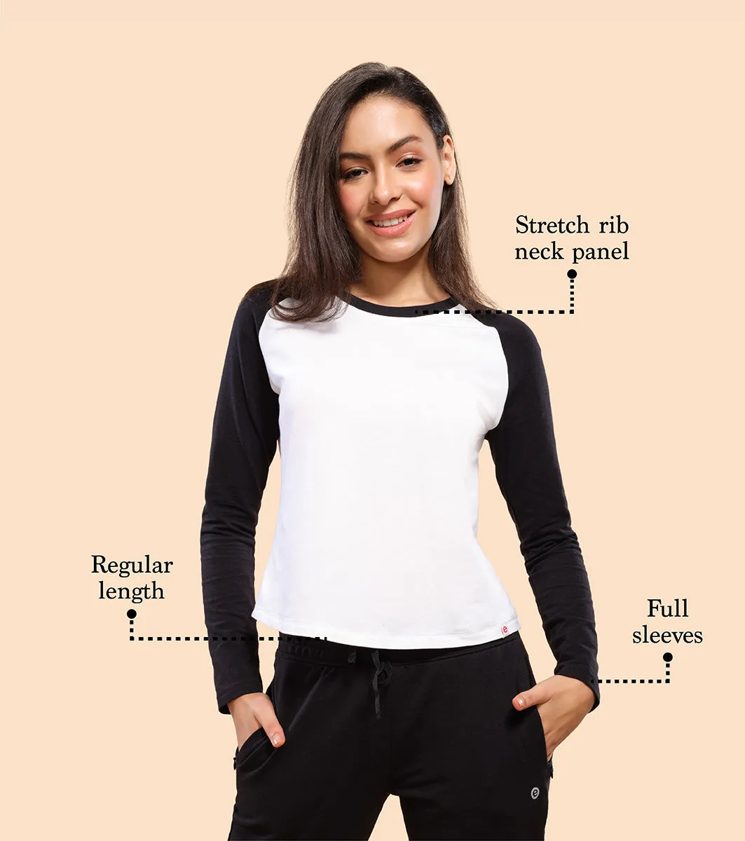 Enamor Long Sleeve Tee | Crew Neck Raglan Tee For Women | E307