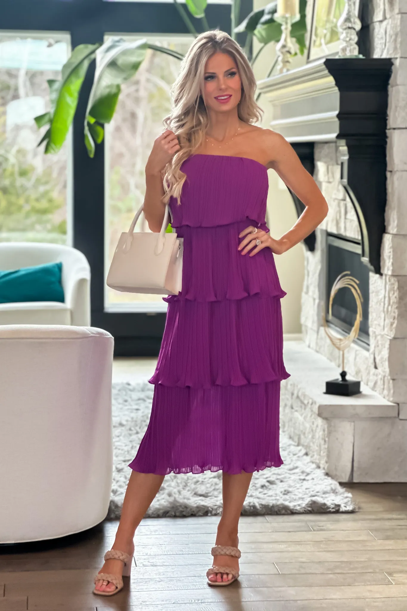 Free Spirited Strapless Pleated  Dress : Plum