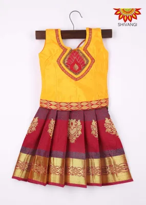 Girls Art Silk Pattu Pavadai Maroon and Yellow