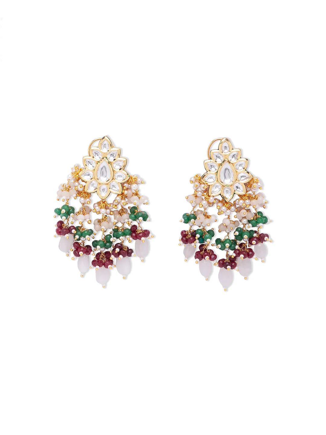 Green Maroon Gold Tone Kundan Earrings with Onyx