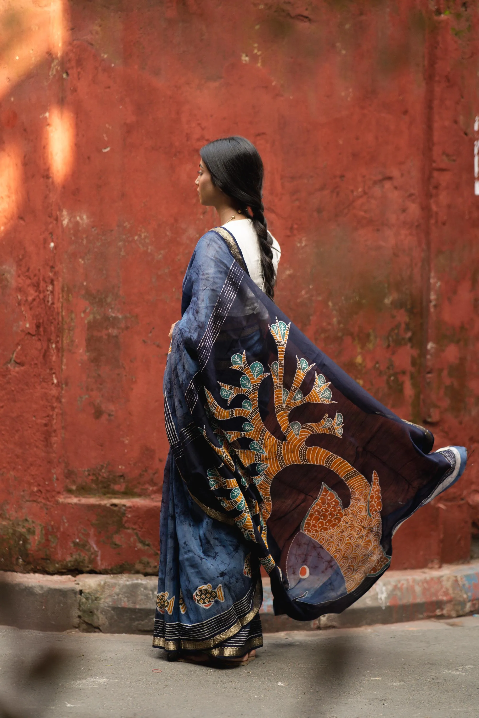 Jheelmeel -  Narmada Batik Madhubani  Blue Maheswari saree