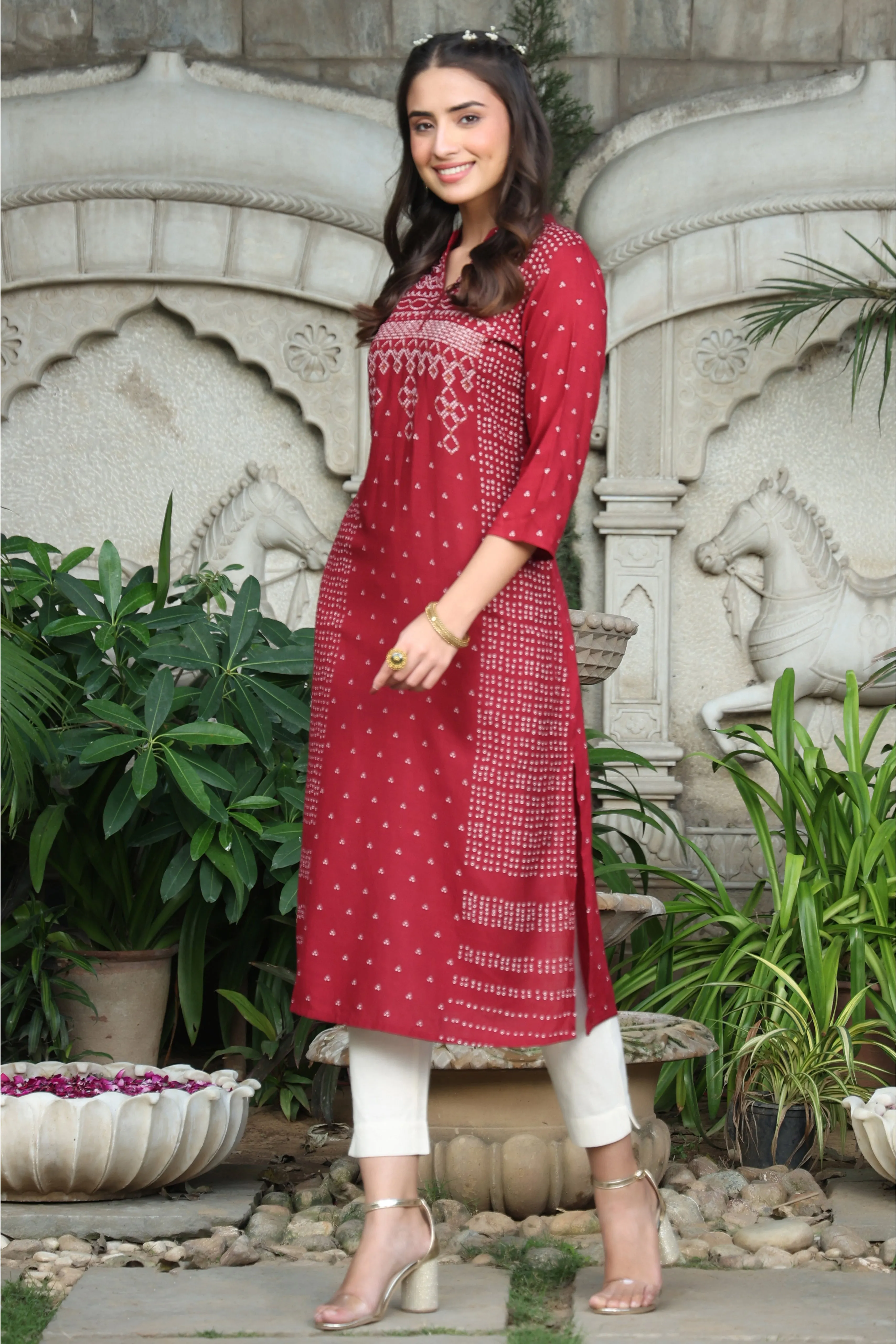 Juniper Maroon Bandhani Printed Rayon Slub A-Line Kurta.