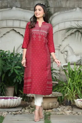 Juniper Maroon Bandhani Printed Rayon Slub A-Line Kurta.