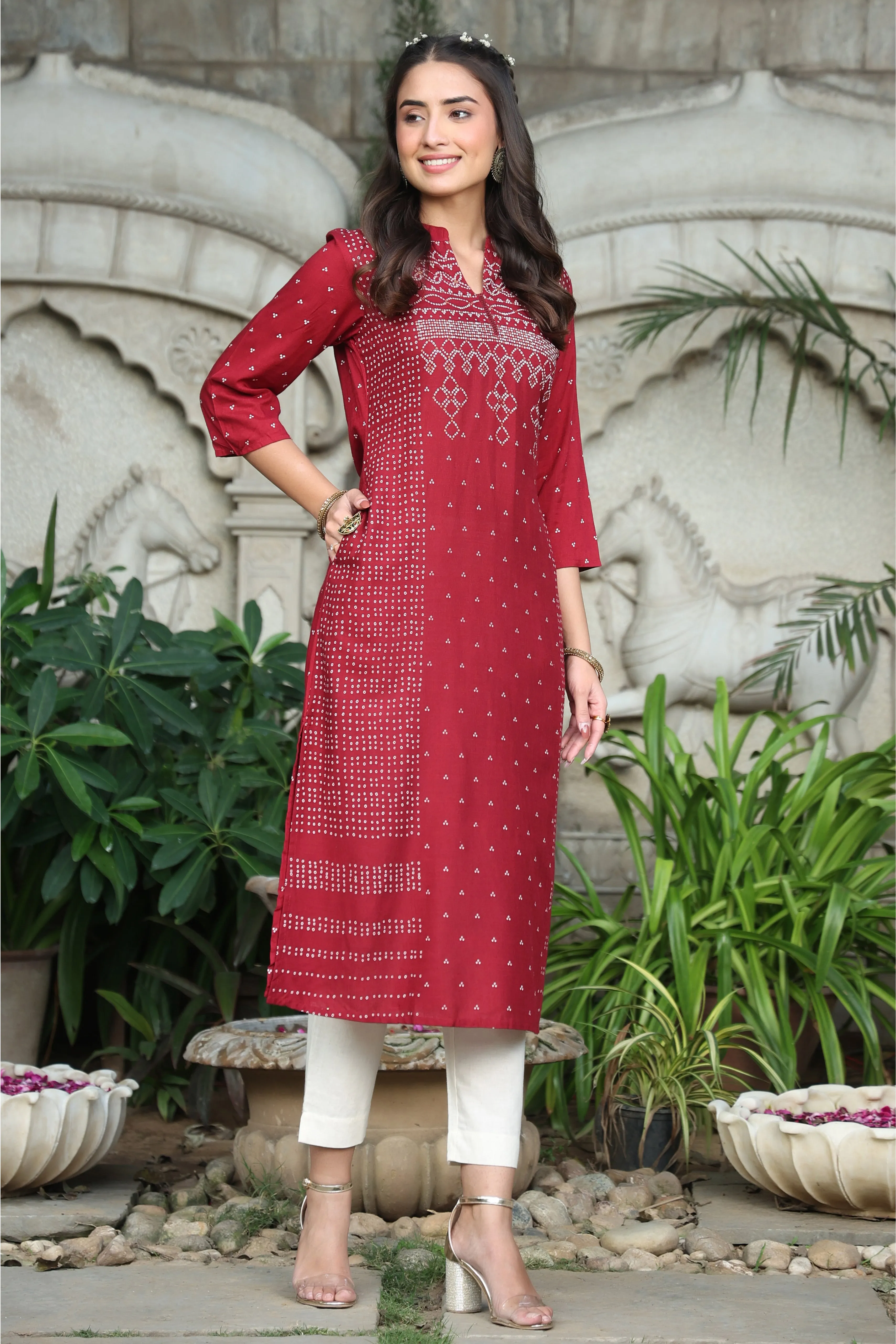 Juniper Maroon Bandhani Printed Rayon Slub A-Line Kurta.