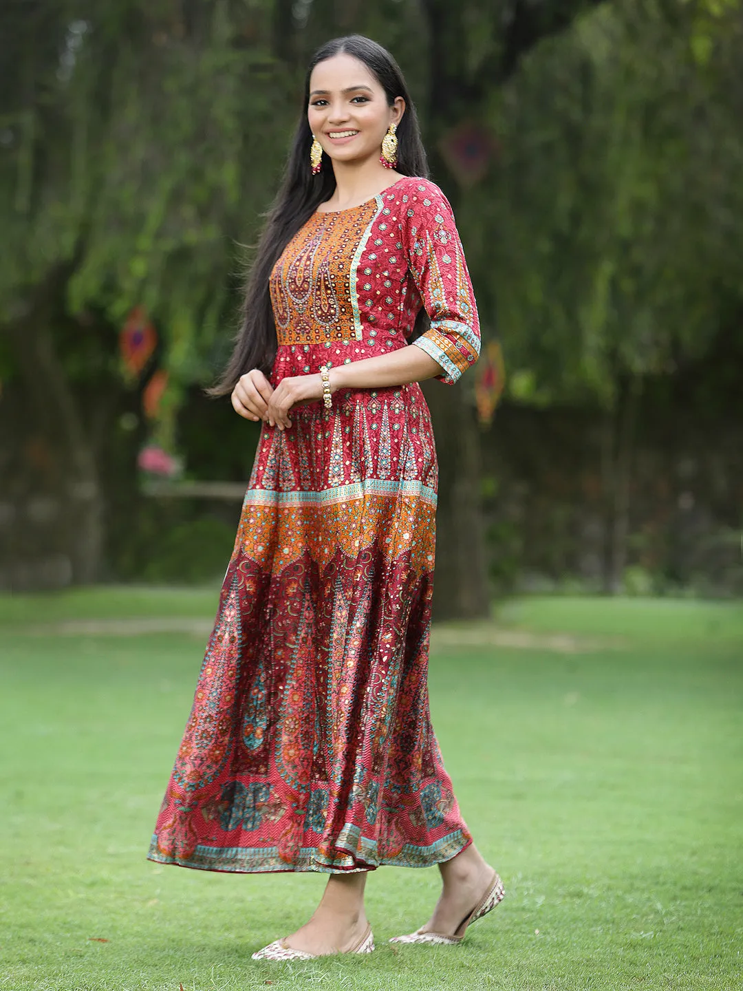 Juniper Maroon Ethnic Motif Printed Dull Satin Anarkali Dress With Buttons.