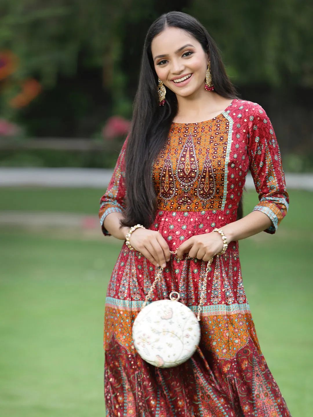 Juniper Maroon Ethnic Motif Printed Dull Satin Anarkali Dress With Buttons.