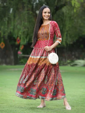 Juniper Maroon Ethnic Motif Printed Dull Satin Anarkali Dress With Buttons.