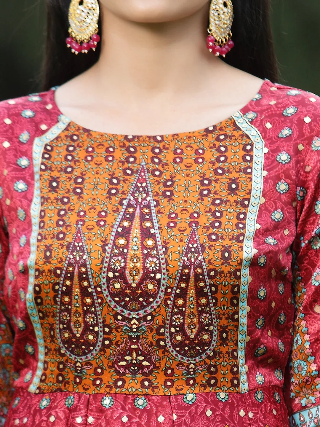 Juniper Maroon Ethnic Motif Printed Dull Satin Anarkali Dress With Buttons.