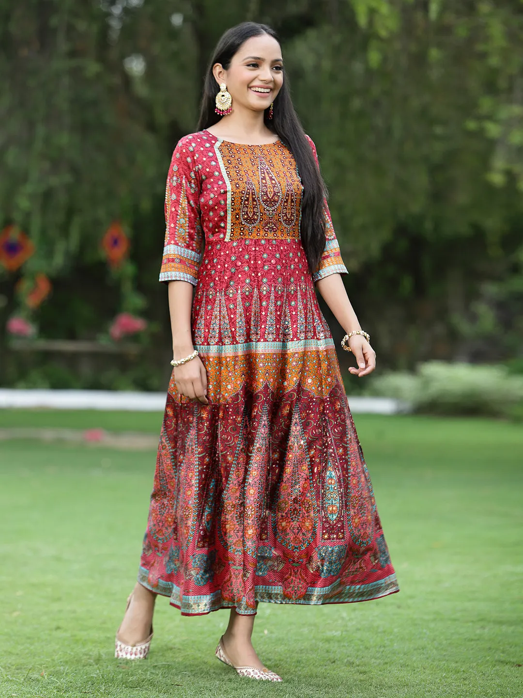 Juniper Maroon Ethnic Motif Printed Dull Satin Anarkali Dress With Buttons.