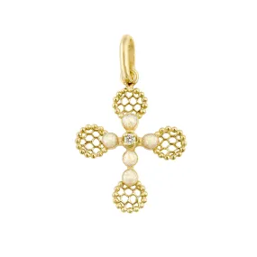 Lace Cross Diamond Pendant, Opal, Yellow Gold