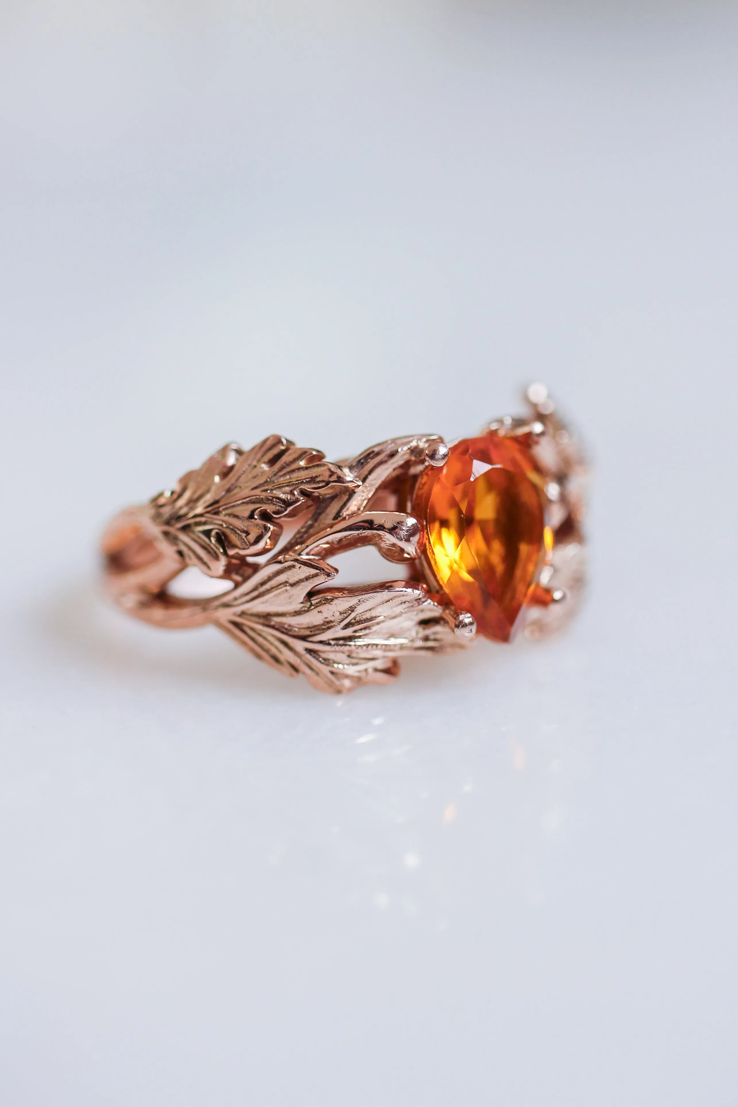 Leaf engagement ring with golden citrine