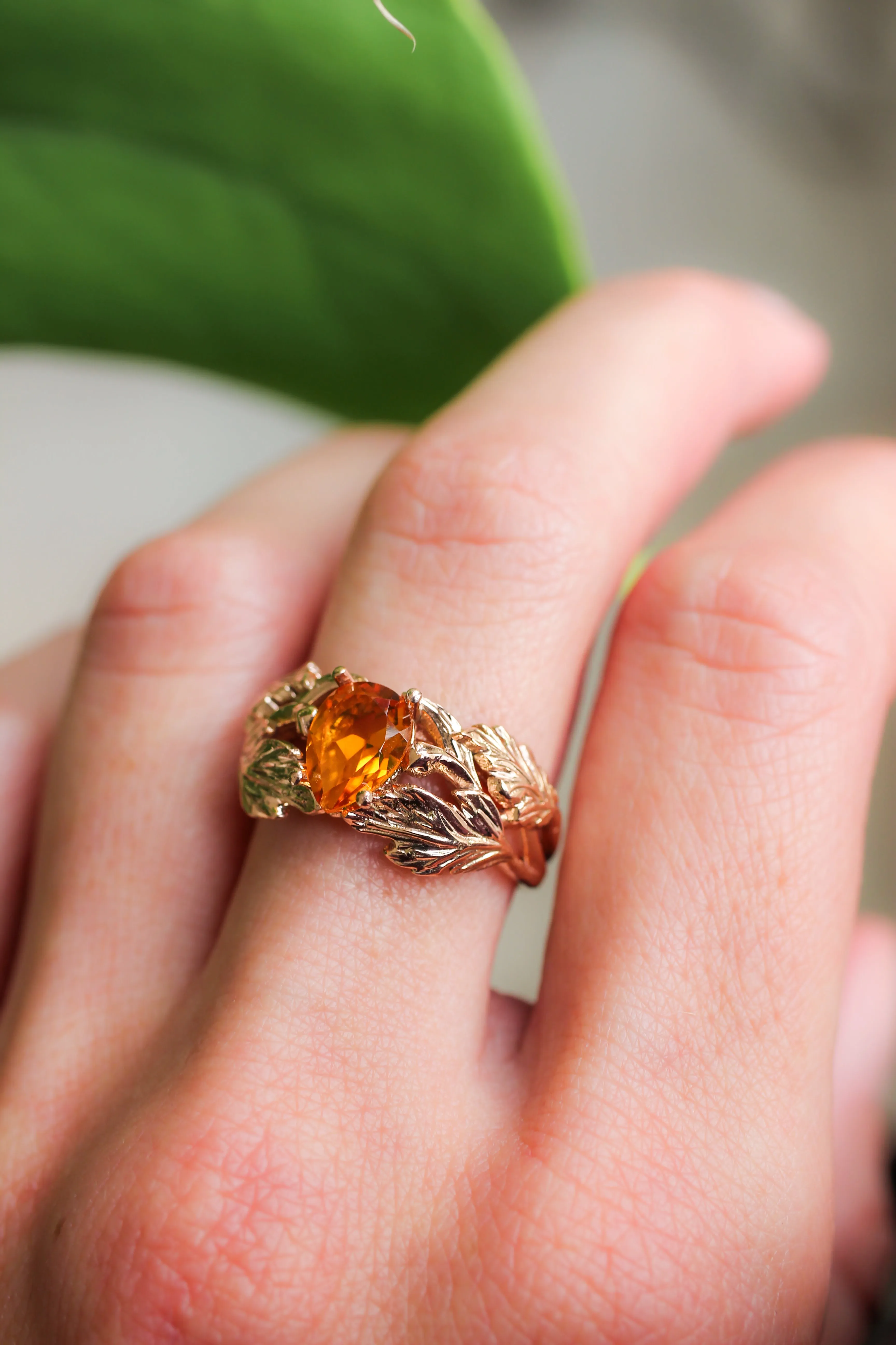 Leaf engagement ring with golden citrine