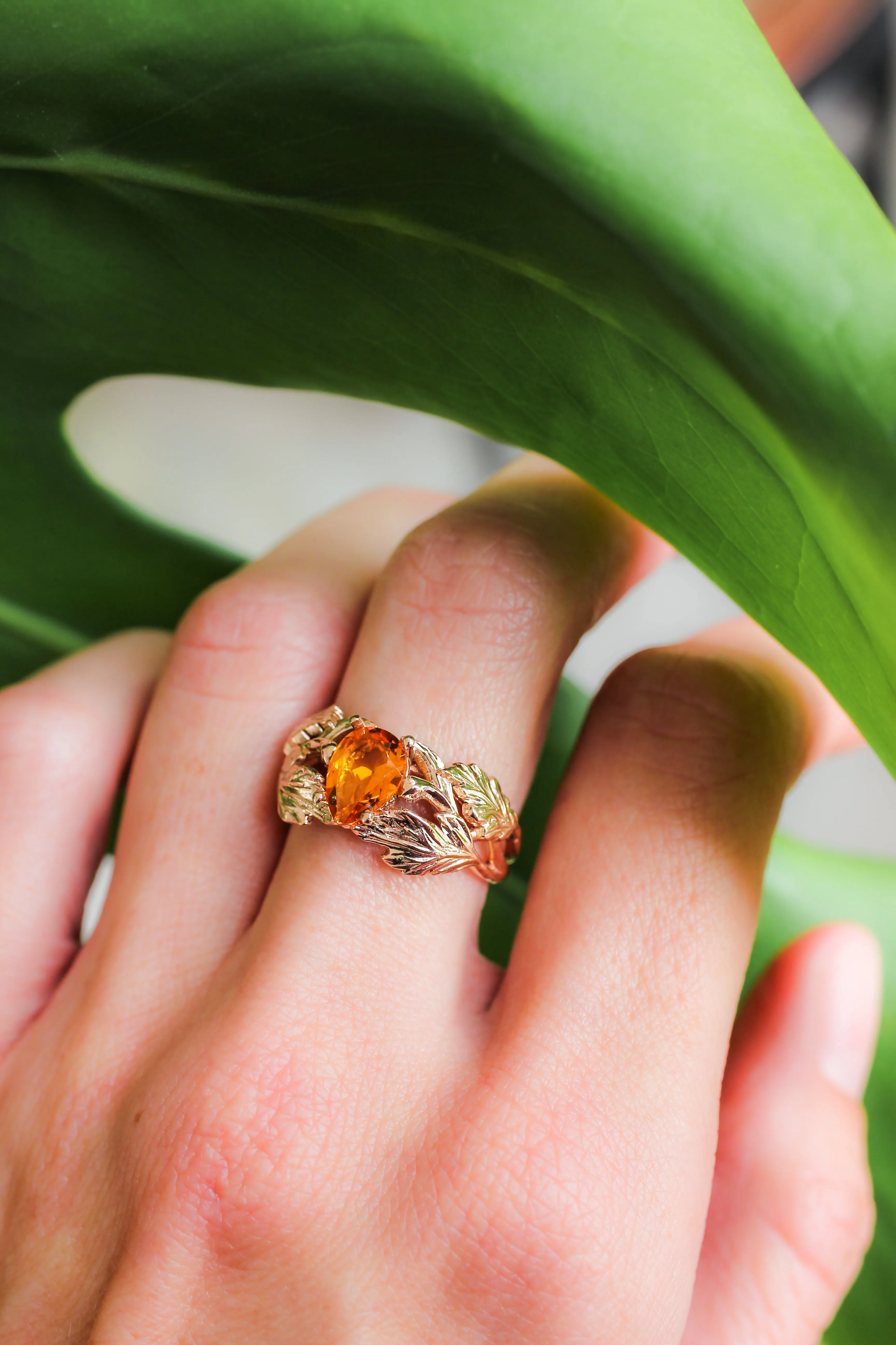 Leaf engagement ring with golden citrine