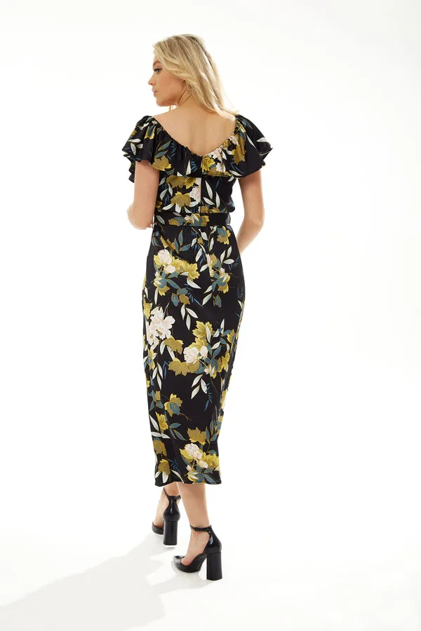 Liquorish Belted Midi Dress Off Shoulder Sleeves Navy Floral