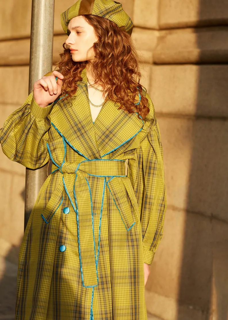 Loose Yellow Plaid Puff Sleeve Belted Midi Trench Coat