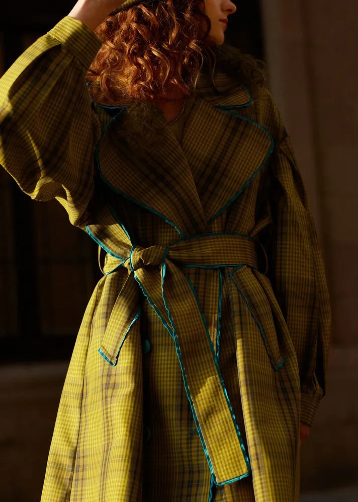 Loose Yellow Plaid Puff Sleeve Belted Midi Trench Coat