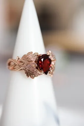 Maple leaves ring with pear cut garnet