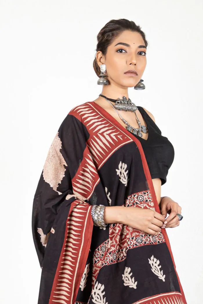 Maroon And Black Mulmul Saree