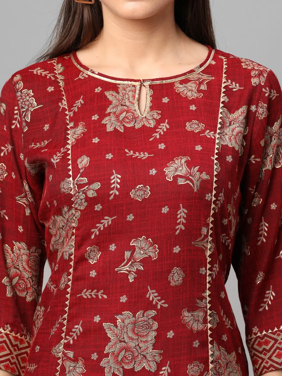 Maroon Floral Printed Kurta With Comfort Pant