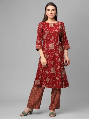 Maroon Floral Printed Kurta With Comfort Pant