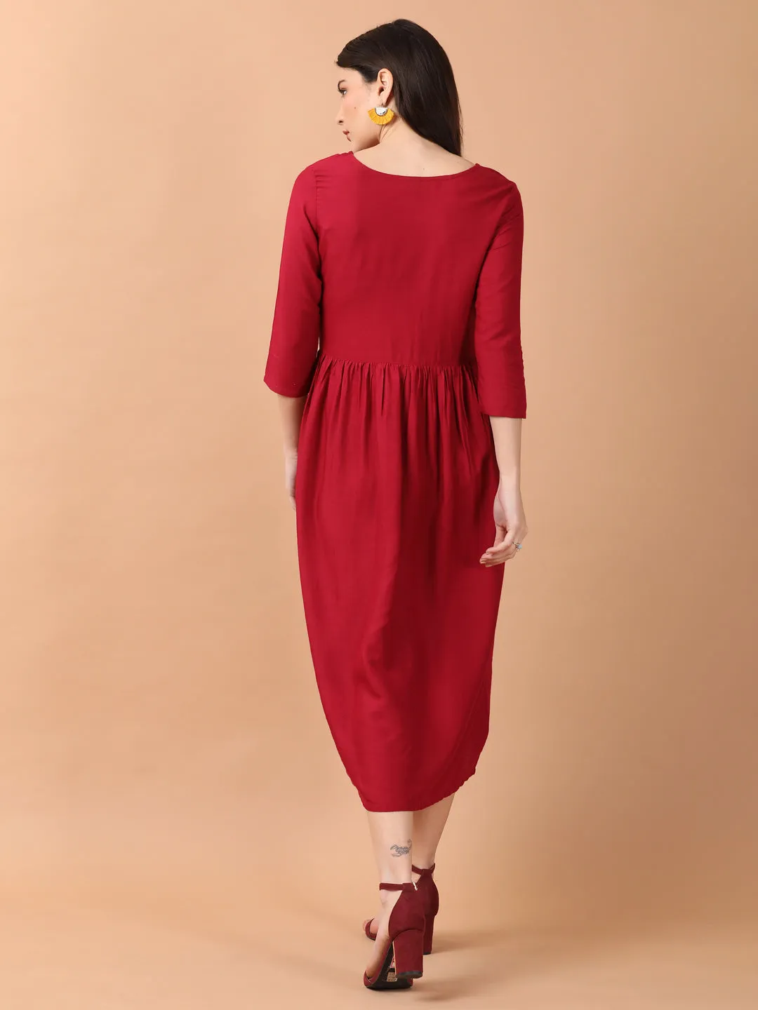 Maroon Gathered Dress With Embroidered Yoke