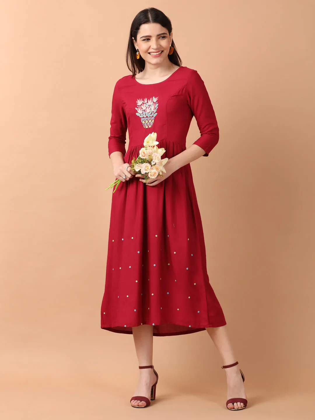 Maroon Gathered Dress With Embroidered Yoke