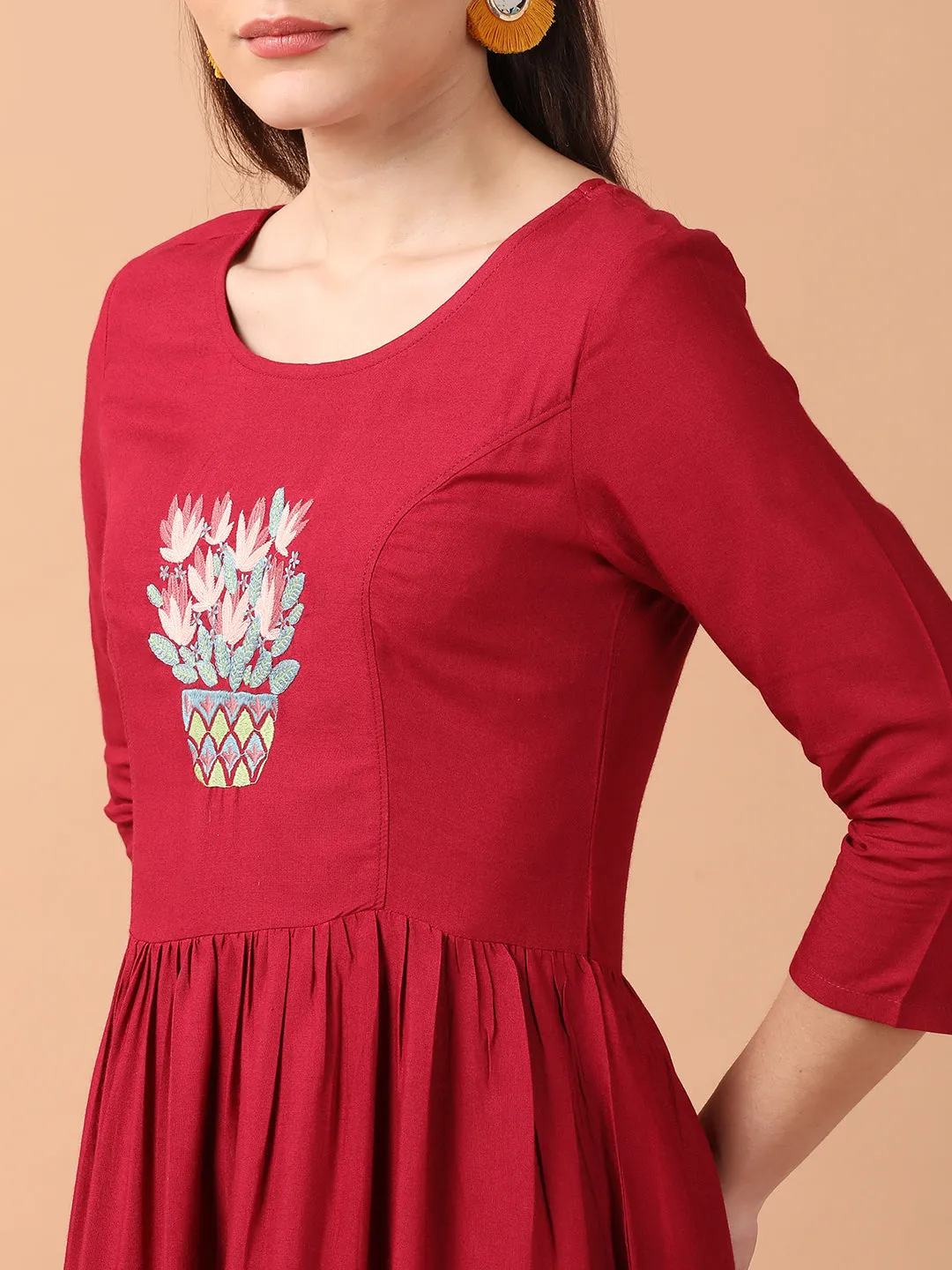 Maroon Gathered Dress With Embroidered Yoke