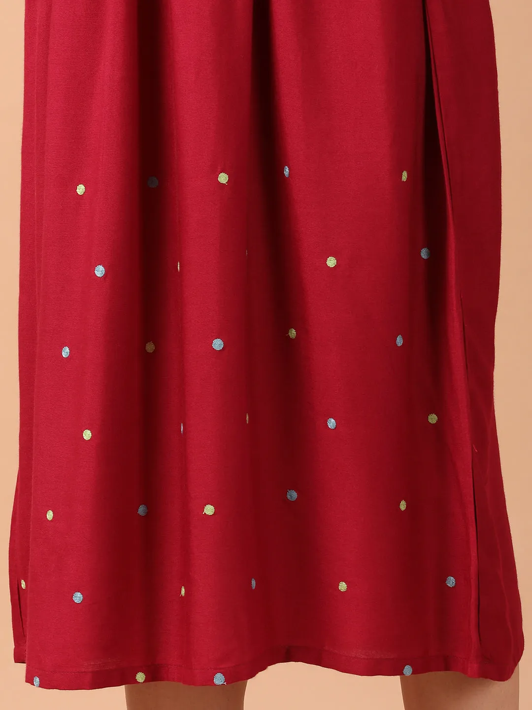 Maroon Gathered Dress With Embroidered Yoke