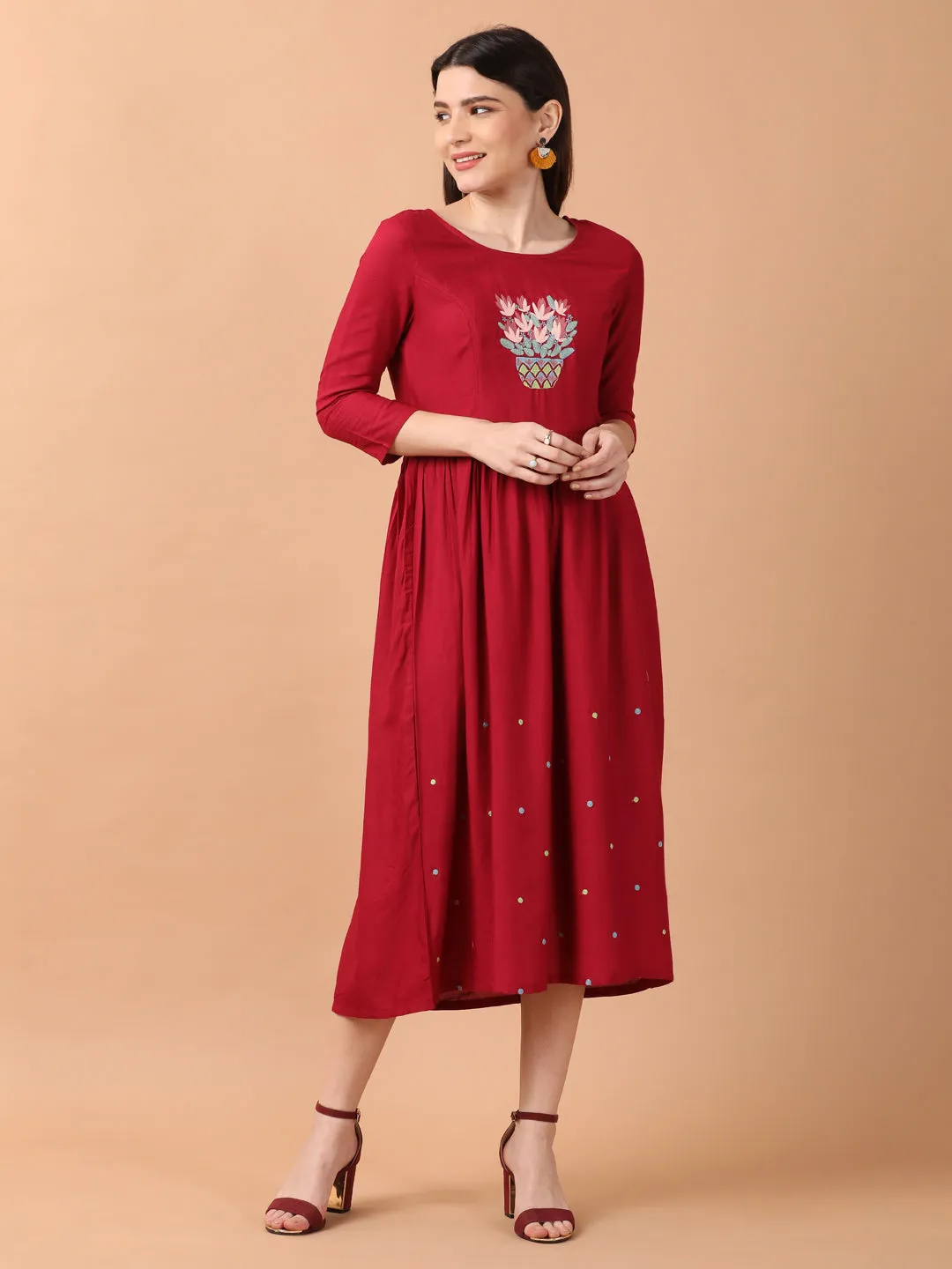 Maroon Gathered Dress With Embroidered Yoke