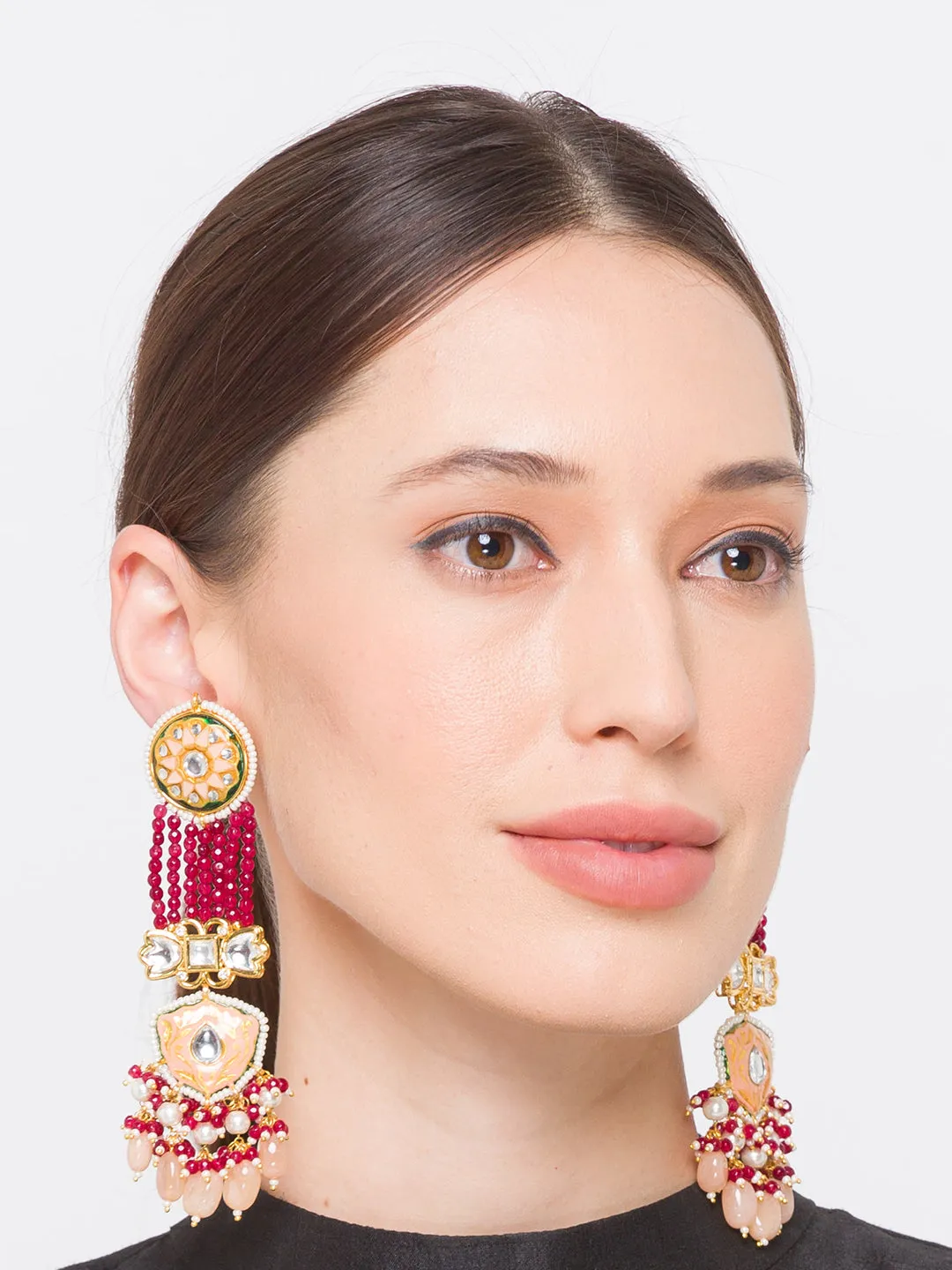 Maroon Gold Tone Kundan Meenakari Earrings with Onyx